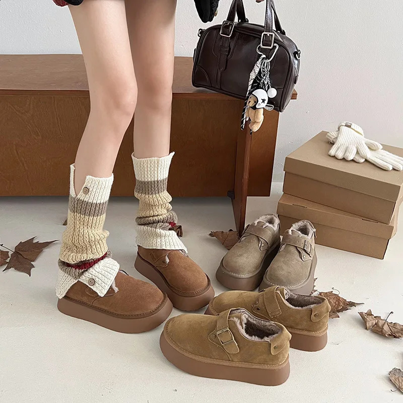 Shallow Mouth Shoes Woman Flats Clogs Platform Modis Dress Winter Creepers Retro PU Short Plush Rubber Med with 250101