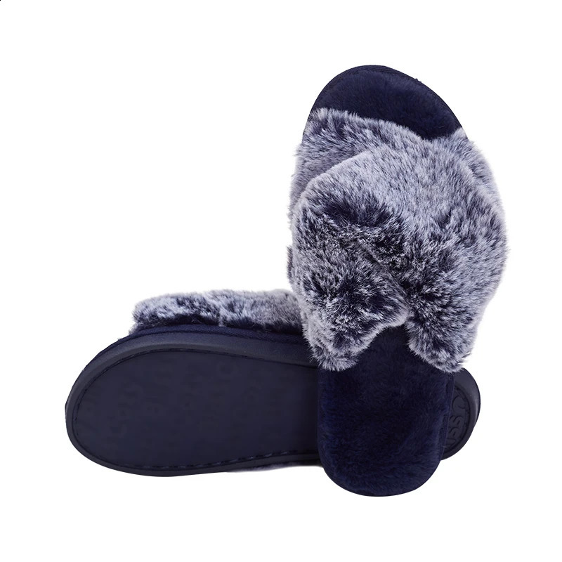 Furry Slipper House Blue Women Winter Cross Fluffy Fur Home Slide Flat Indoor Floor Shoes Ladies Flip Flops 241223
