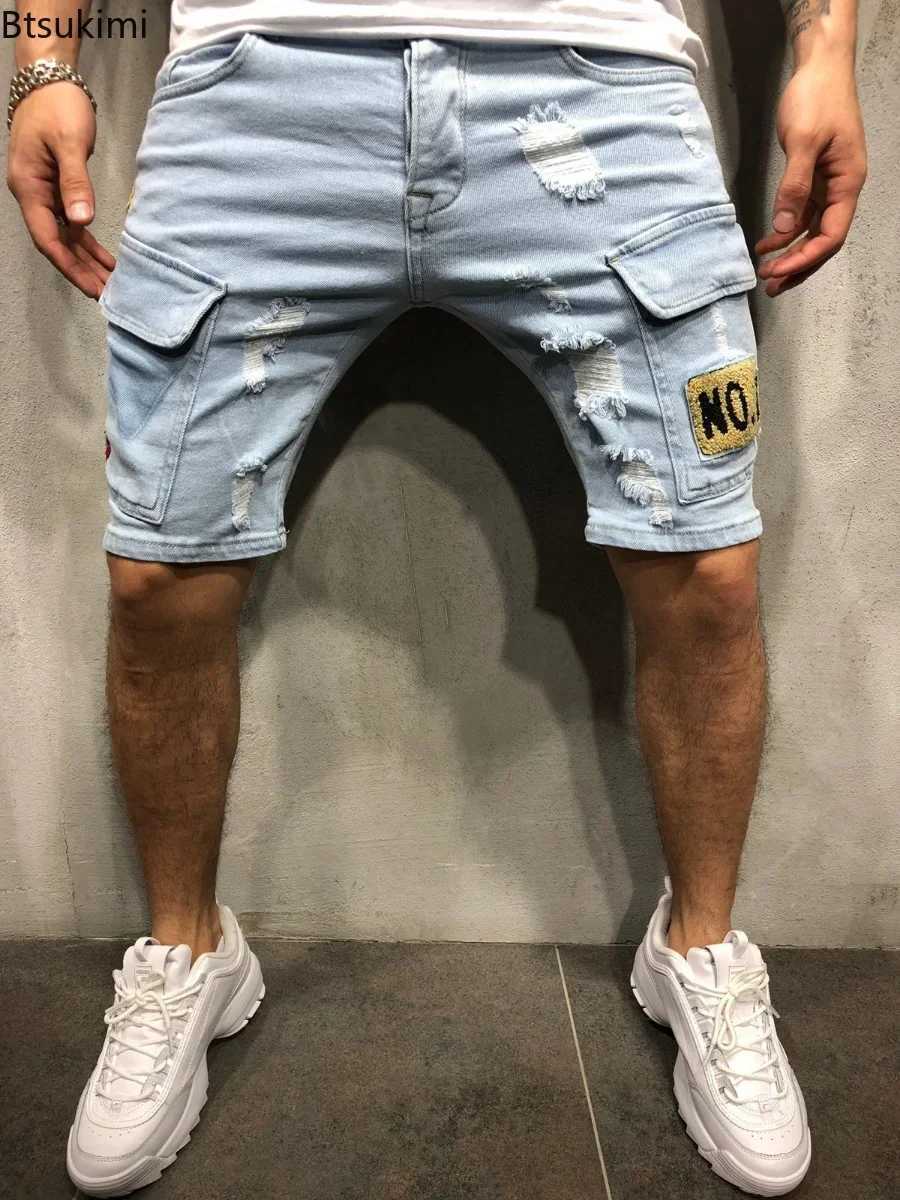 2025 Mens Summer Short Jeans High Stretch Fashion Casual Denim Shorts Male Slim Fit Elastic Badge Pockets Hole Shorts for Men W250319