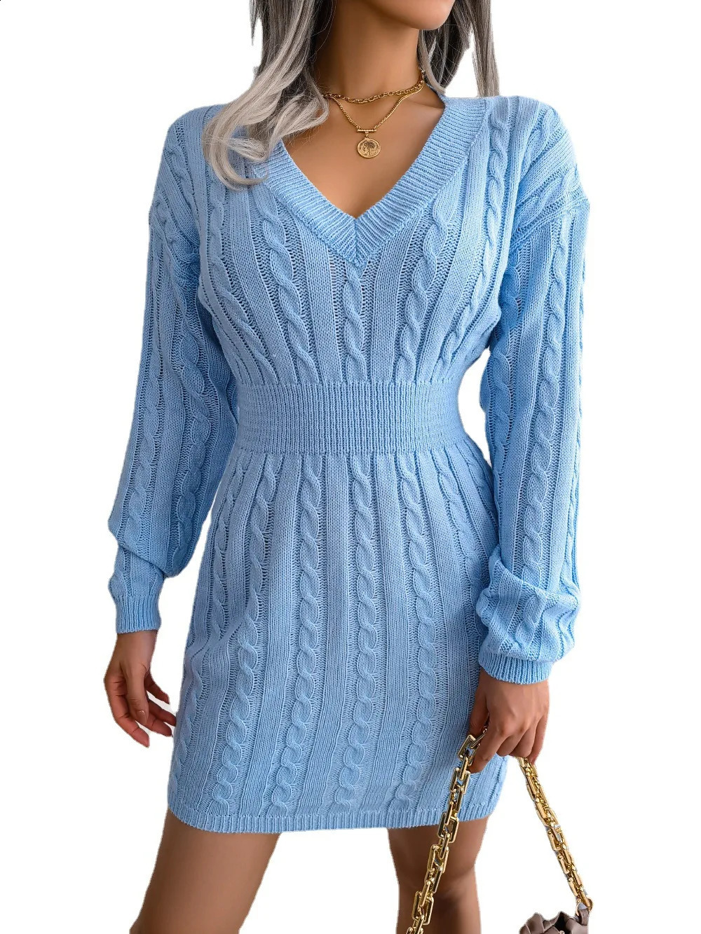 Autumn Winter Knitted Slim Sweater Mini Dresses For Women Long Sleeve V Neck Solid Bandage Blue White Short Dress For Business 241224