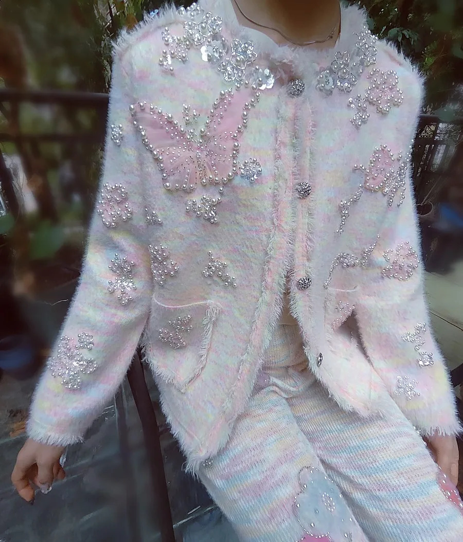 Pearls Beaded Big Butterfly Embroidery Sequined Jacket Crystal Woolen Tweed Blazer Coat Thick Mink Cashmere Cardigan Tops 241224