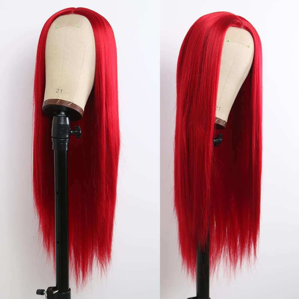 T-Shaped Lace Headband, Mid Split Dyed Long Straight Synthetic Wig Wigs Kq2