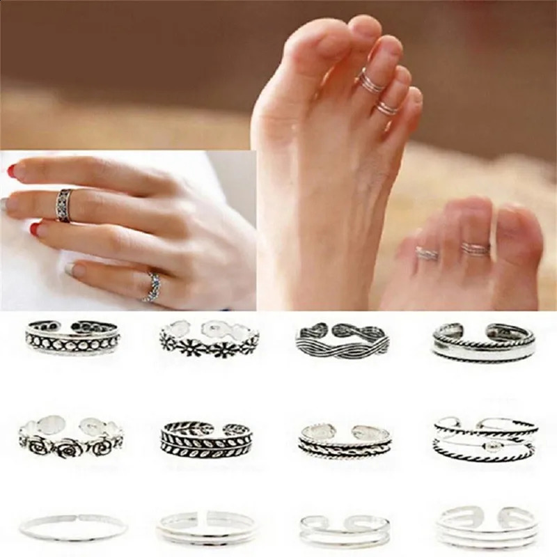 12PCsset Women Lady Unique Adjustable Opening Finger Ring Retro Carved Toe Foot Beach Jewelry 241225