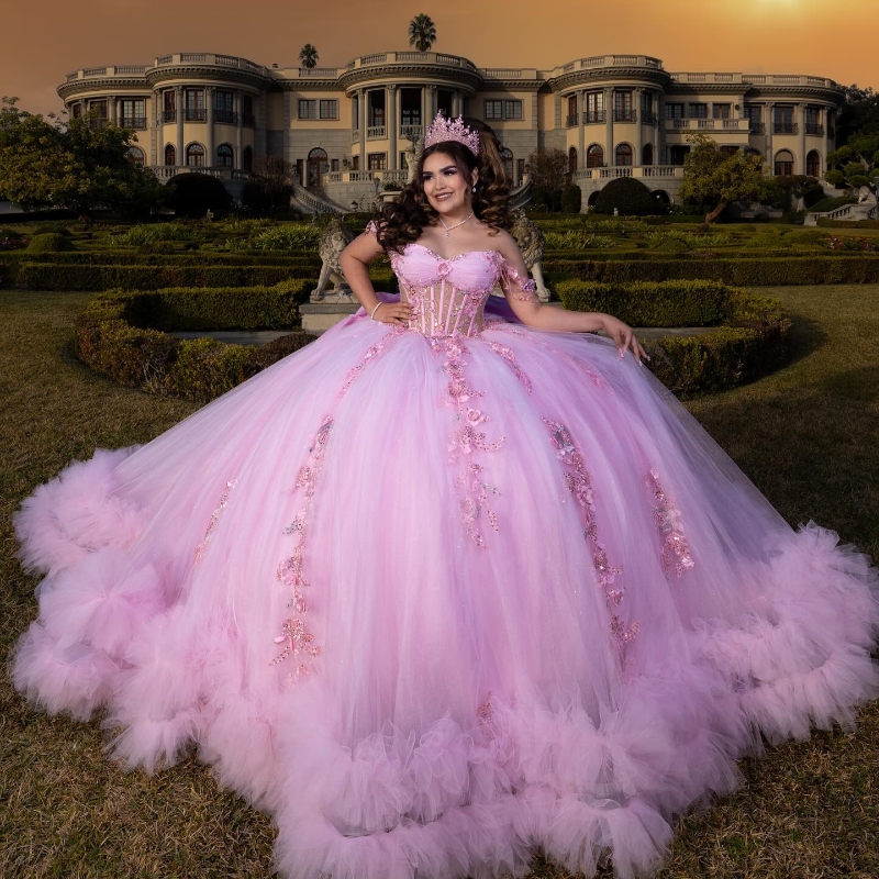 Pink Shiny Quinceanera Dresses Ball Gown Off Shoulder Applique Lace Beads Tull Tiered Sweet 16 Dress Vestidos De 15 Anos