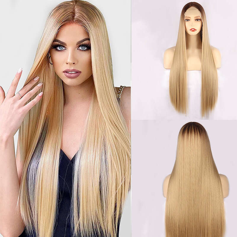 T-Shaped Lace Headband, Mid Split Dyed Long Straight Synthetic Wig Wigs Kq2