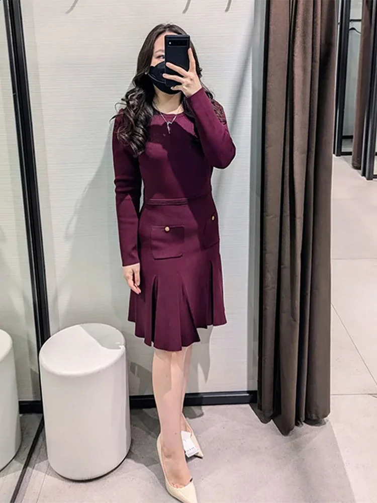 Elegant Solid Knit Dresse O Neck Full Sleeve A Line Pleated Button Dres 2024 Spring Fashion Casual Lady Vestidos 241228