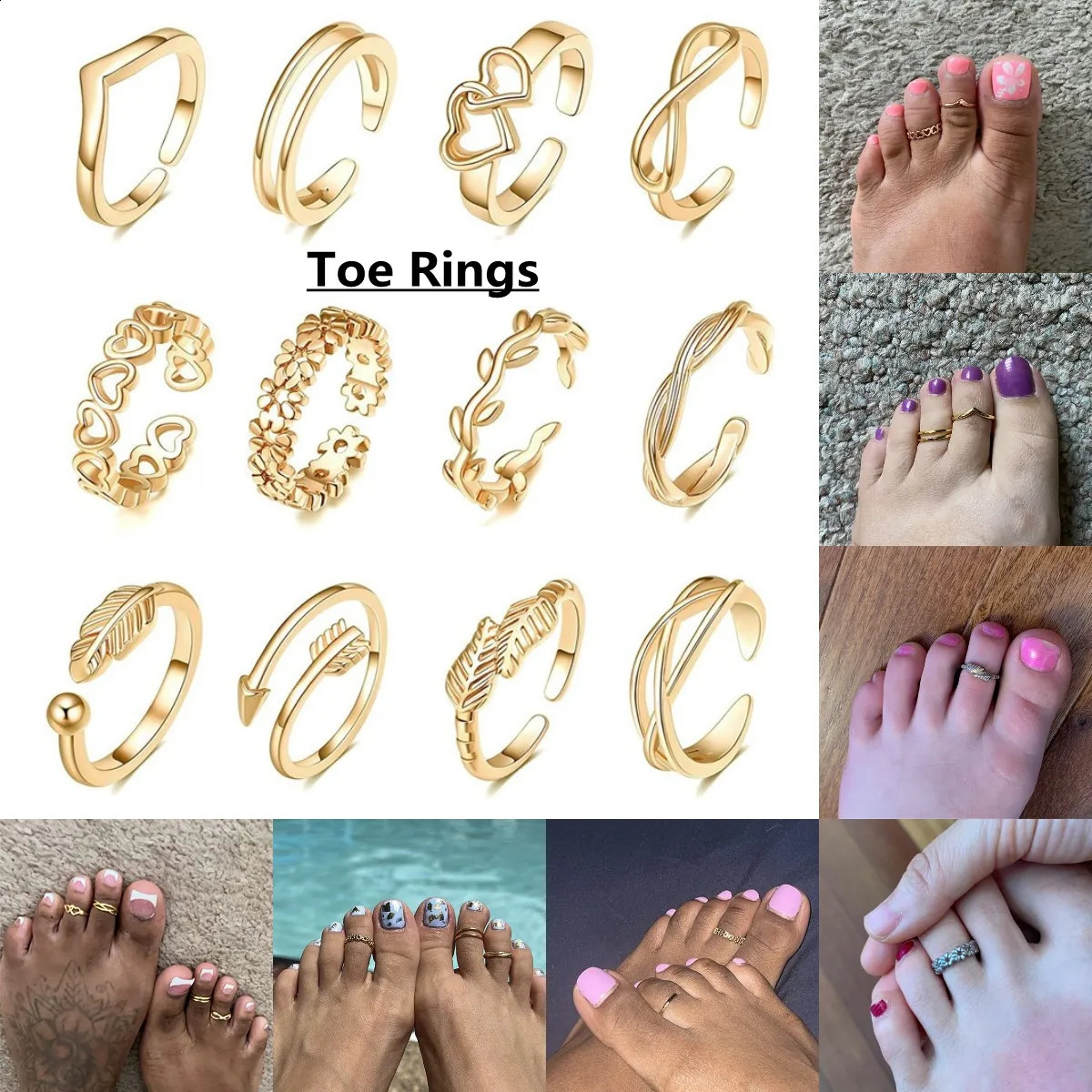 12Pcs Open Toe Rings for Women Foot Finger Ring Summer Beach Sandals Toering Set Barefoot Jewelry anillos para pies de mujer 241225