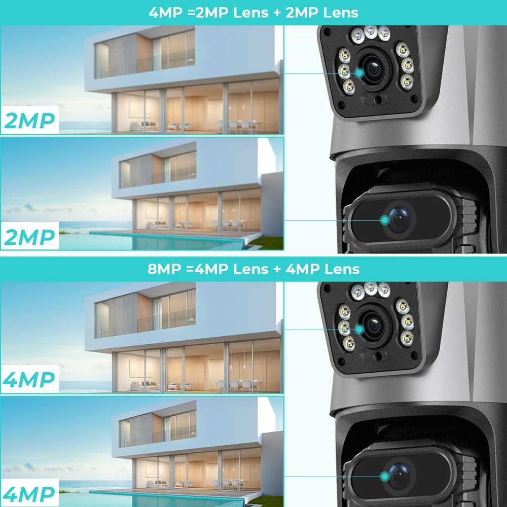 8MP 4K Security Camera Wifi Outdoor Dual Lens Dual Sns CCTV Surveillance Camera Home Night Vision Police Light Al ICSEEXJ241228