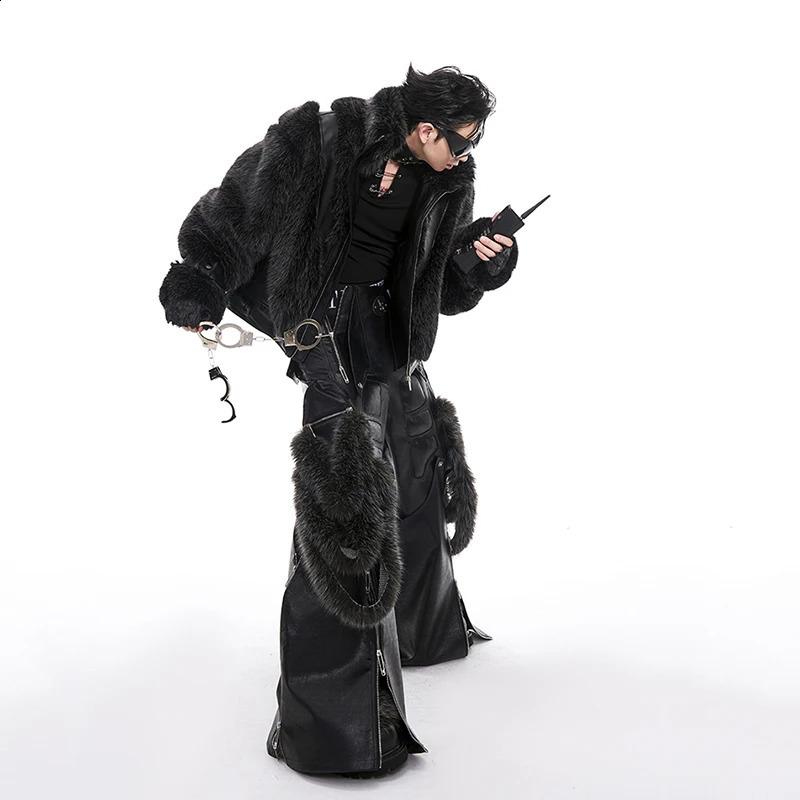 FEWQ Mens Leather Patchwork Plush Fur Coat Autumn Winter 2024 Long Sleeve Male Tops Korea Fashion 24E5614 241224