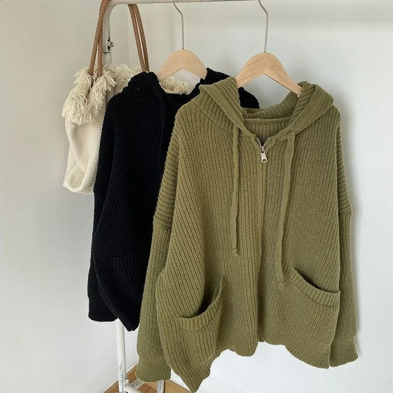 Zipper Cardigan Sweater Women Knit Fall Winter Long Sleeve Harajuku Y2K Solid Jumper Loose Lazy Warm Vintage Basic Female Hoodie 241224