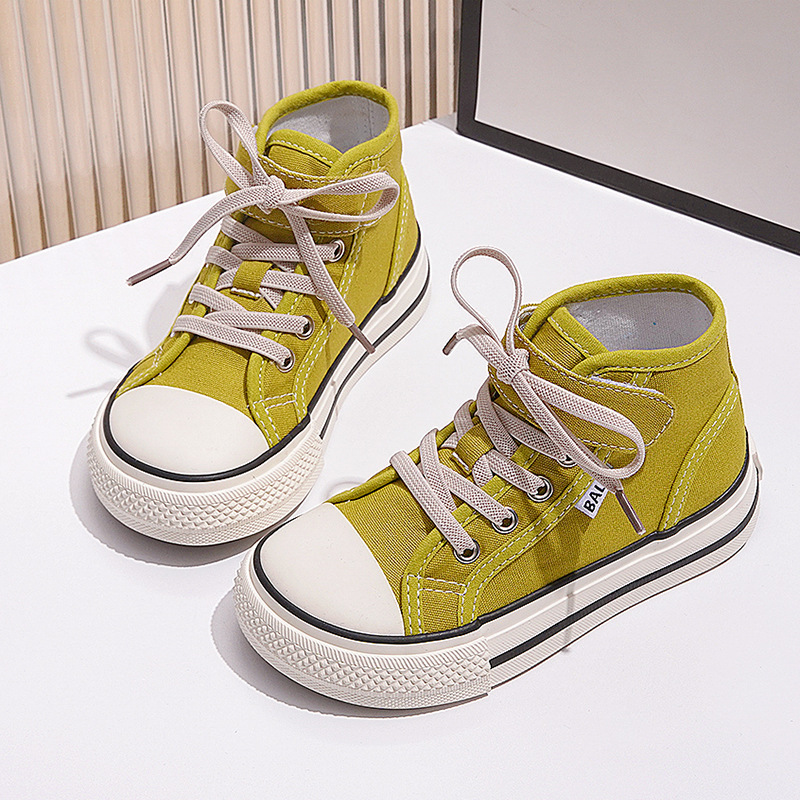 Children's Canvas Shoes Yellow Green High Top Boys Girls Toddler Casual Shoes Beige Fashion Soft Non-slip Kids Cloth Shoes Sneakers Size US4c-US5