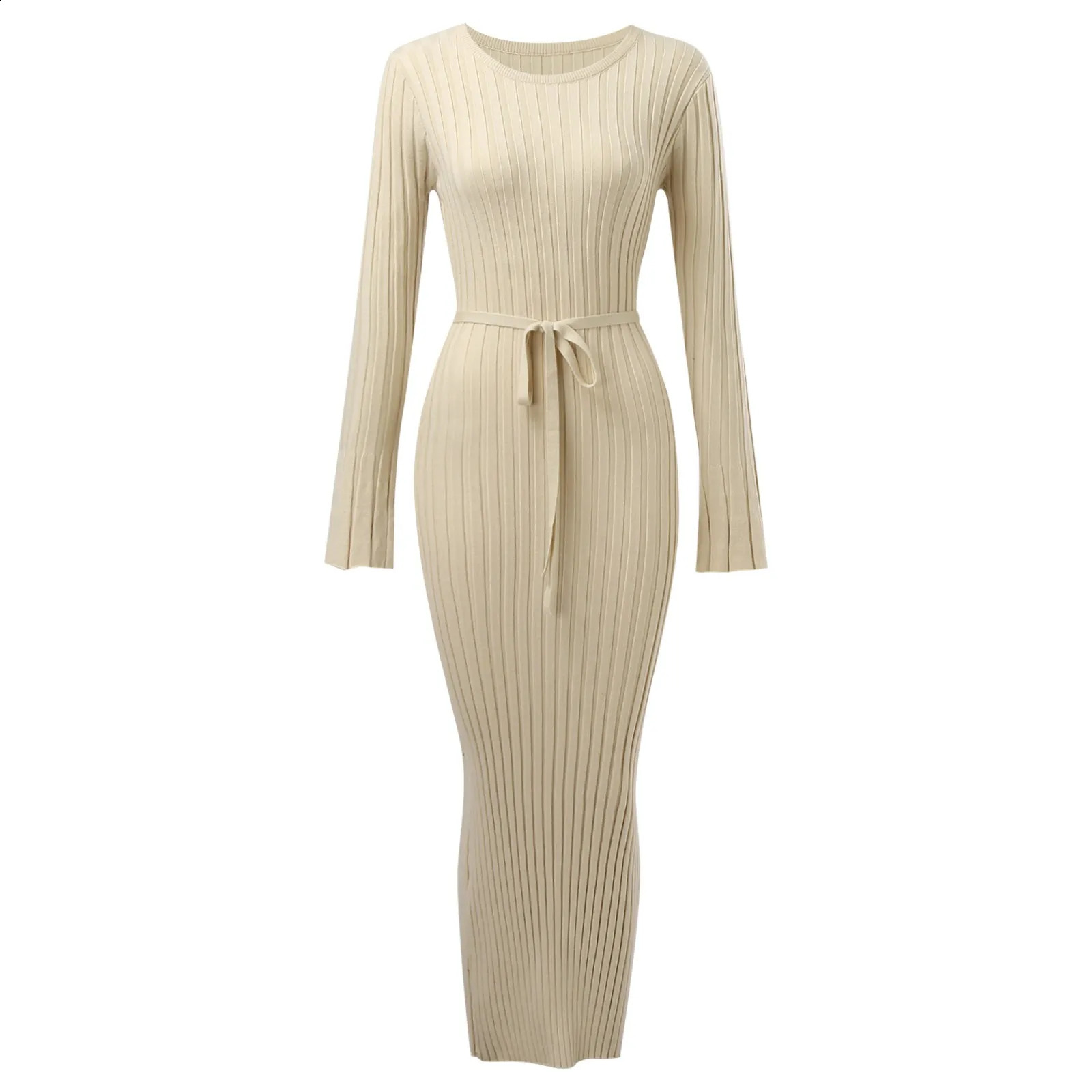 WomenS Ribbed Knitted Midi Dress Long Sleeve Round Neck Long Dress For Fall Party Bodycon Sweater Dress Vestidos Para Mujer 241224