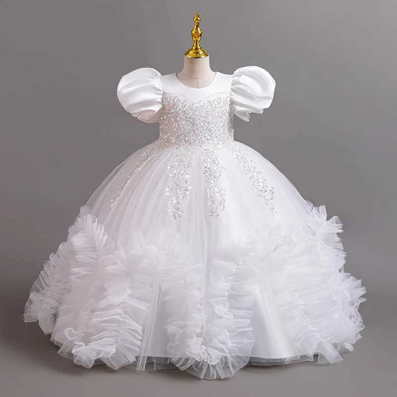 Girl's Dresses New handmade bead mesh with bubble sleeves suitable for girls Christmas weddings floral girls 3-12 year evening dresses Y250227BFH