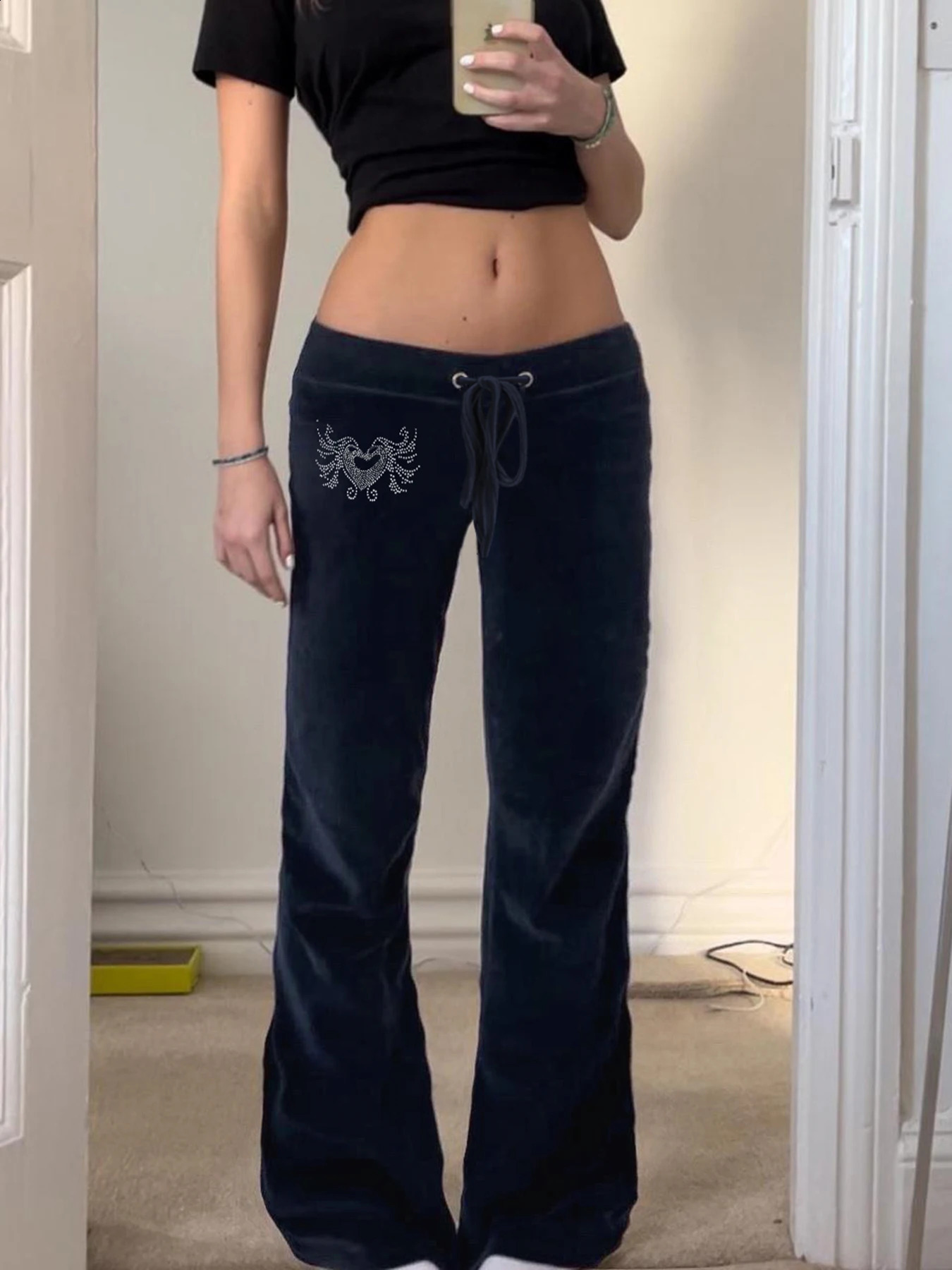 Cuteandpsycho Retro Rhinestone Y2K Flare Pants Laceup Casual Streetwear Cute Bottoms Harajuku Aesthetic 2000s Womens 241228