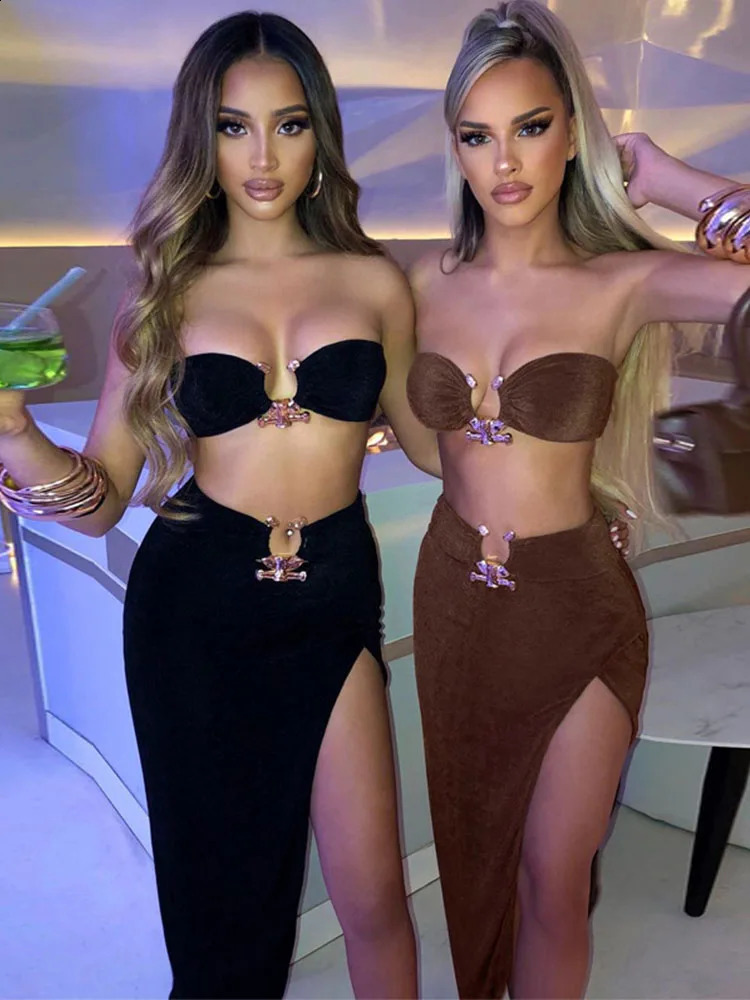 Velvet Sexy Strapless Crop Tube Top High Waist Slit Maxi Dress 2 Pcs Suits 2024 Fall Women Fashion Streetwear Vestido 241220