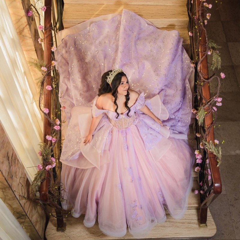 Lavender Quinceanera Dresses Ball Gown Off The Shoulder Applique Bow Beads Tull Corset Party Birthday Sweet 16 Vestido De 15 Anos