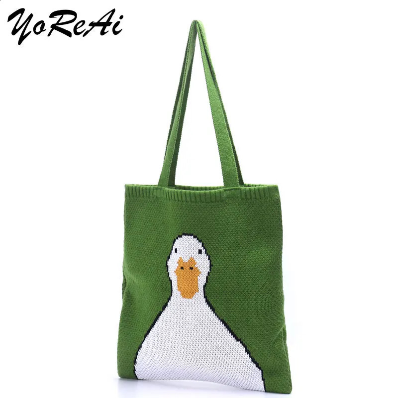YoReAi Women Knitting Shoulder Bags Cute Duck Ladies Cartoons Handbag Casual Tote Literary BookBag Wool Shopping Bag For Girls 241225