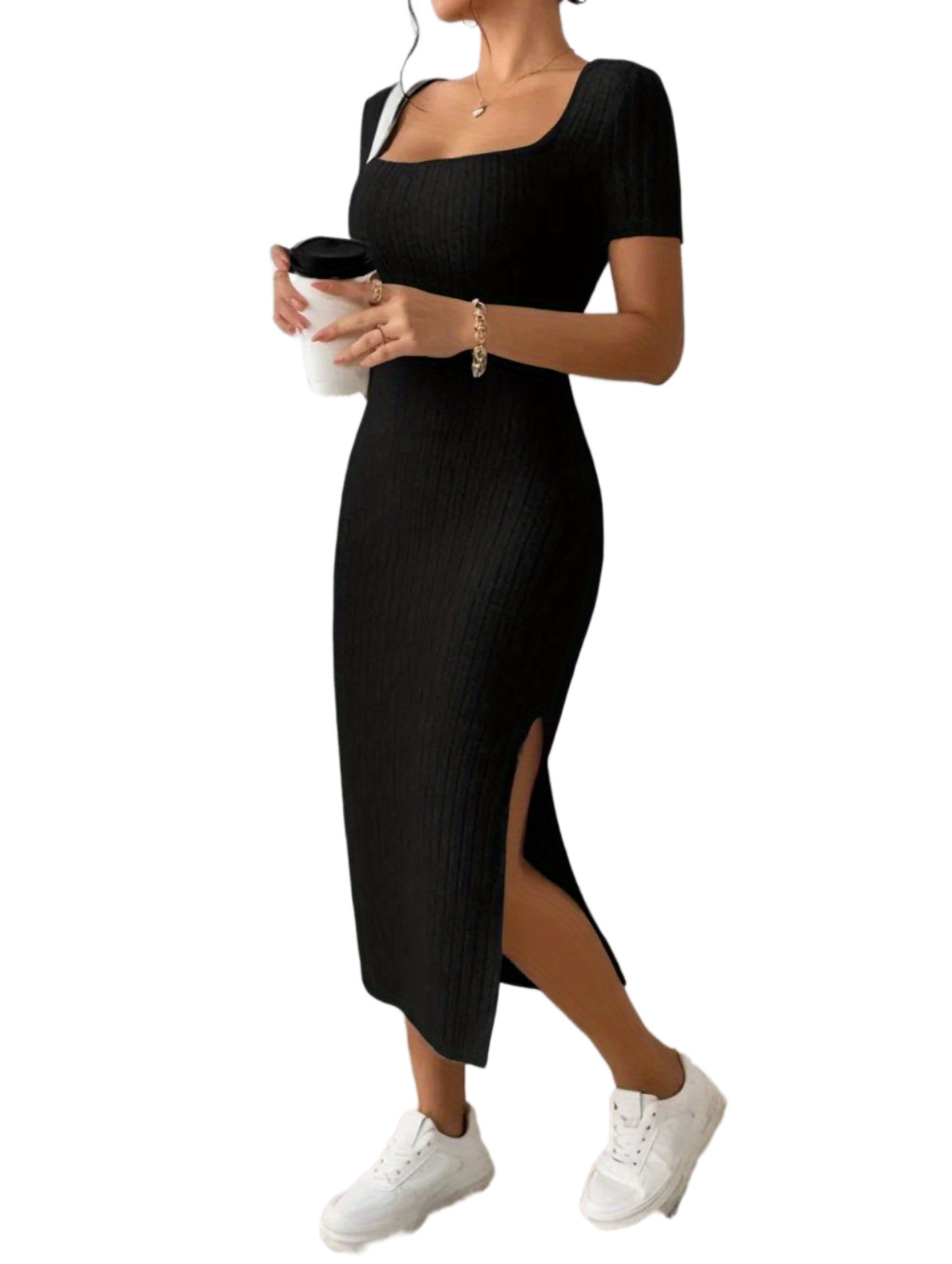 L40712 New summer women's square neck sexy slim fit slit hip-hugging dress