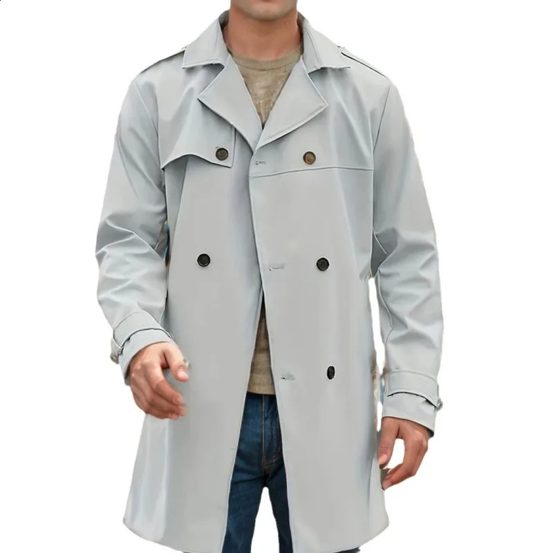 Spring and Autumn Solidcolor European American Longsleeved Trench Coat Mens Lapel Slimfitting Doublebreasted Casual 241220