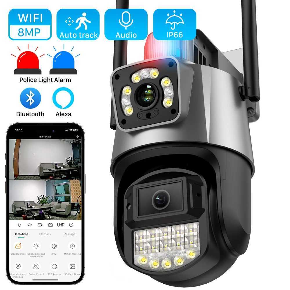 8MP 4K IP Camera Outdoor WiFi PTZ Dual Lens Dual Sn Auto Tracking Waterproof Security Video Surveillance Police Light AlXJ241228