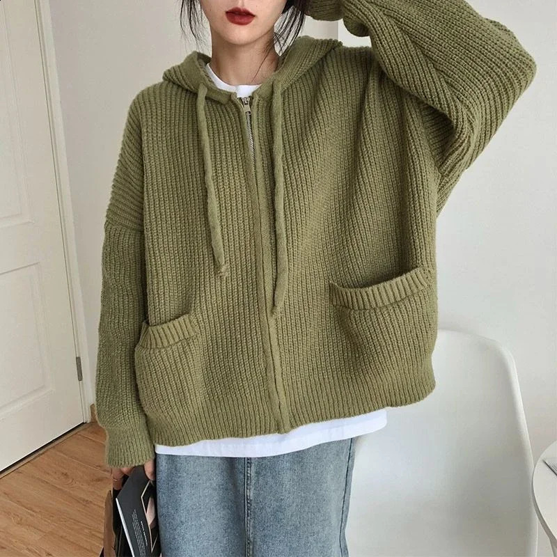 Zipper Cardigan Sweater Women Knit Fall Winter Long Sleeve Harajuku Y2K Solid Jumper Loose Lazy Warm Vintage Basic Female Hoodie 241224