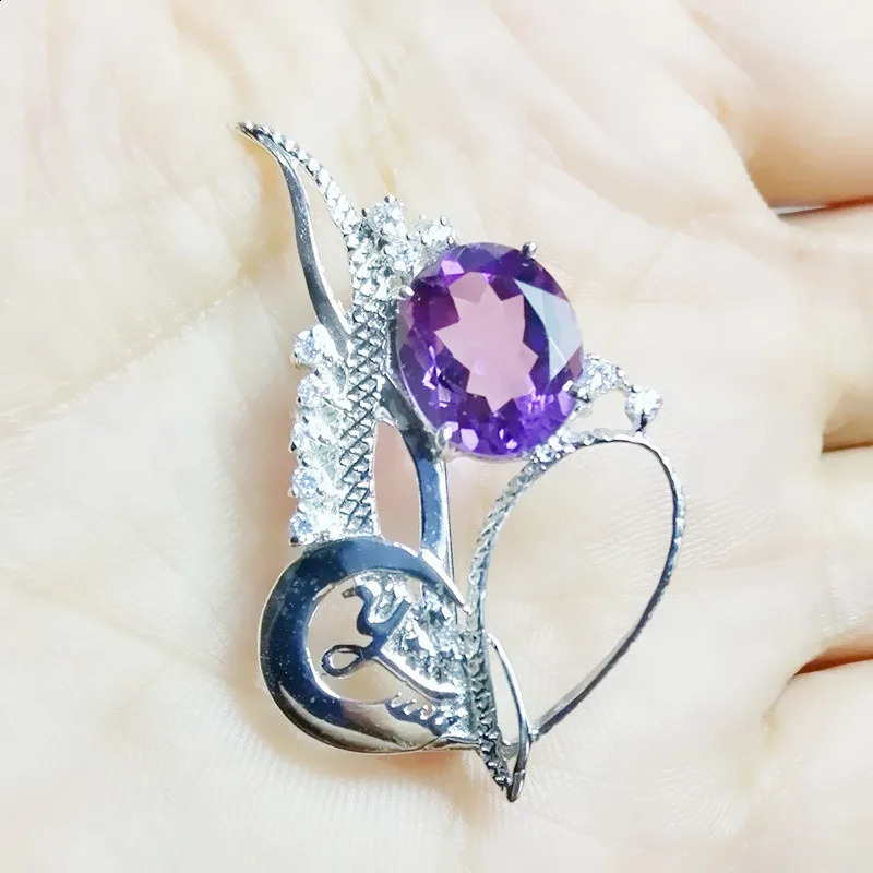Natural real purple amethyst brooch pins Y style 925 sterling silver 10*12mm 4.5ct gemstone Fine jewelry C9021101 241227