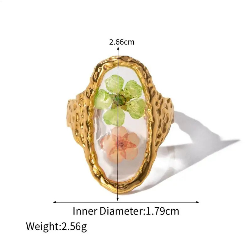 YSKP Fashion Stainless Steel Resin Dried Flower Rings For Women Gold Color Geometric Ring Daily Wear Jewelry 241225