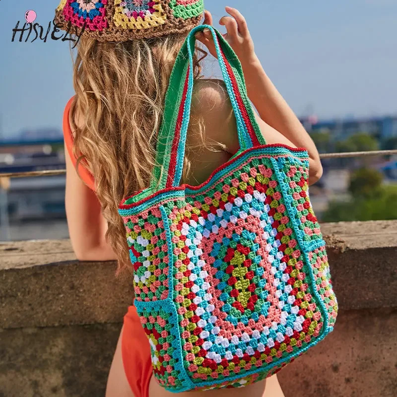 Bohemian Crochet Women Shoulder Bags Knitting Large Capacity Tote Bag Casual Lady Handbags Big Shopper Purses Summer Beach 241225