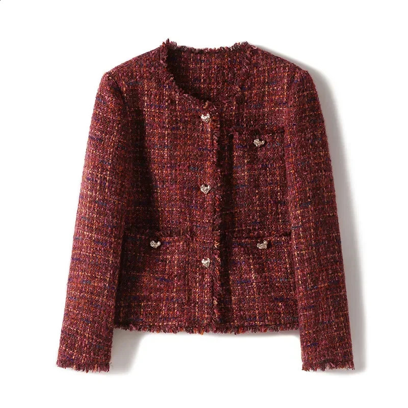 Autumn Women Wine Red Tweed Wool Jacket High-end Red Tweed Short Coat Spring and Autumn Coat Tweed Womens Tweed Coat 241224