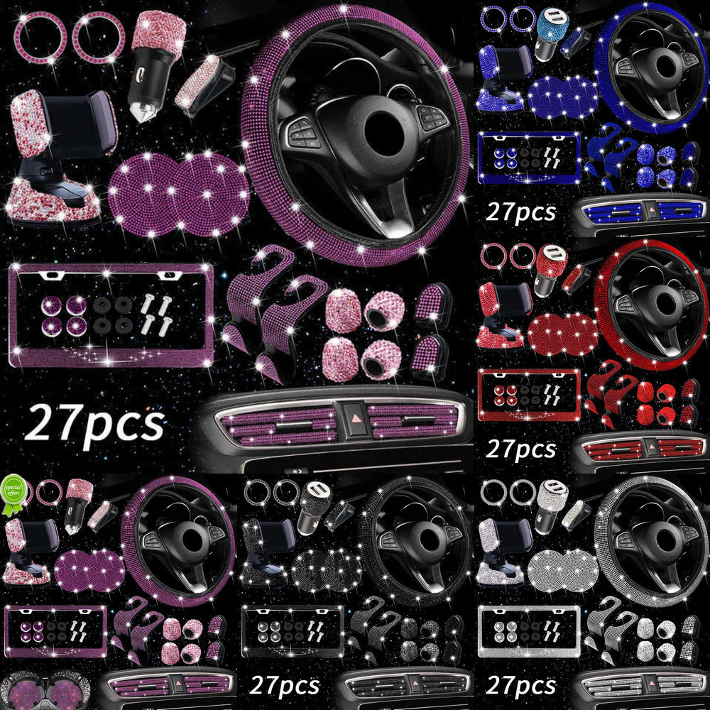 New Diamond Blingbling 27PCS/Set Car Interior Decor Accessories Set For Women Steering Wheel Cover License Plate Frame Car Vent Decor Phone Holder Hoo