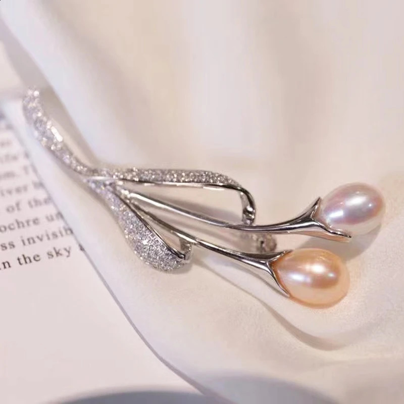 Natural Fresh Water Pearl Brooch Flower Style Simple 925Sterling Silver With Cubic Zircon 241227