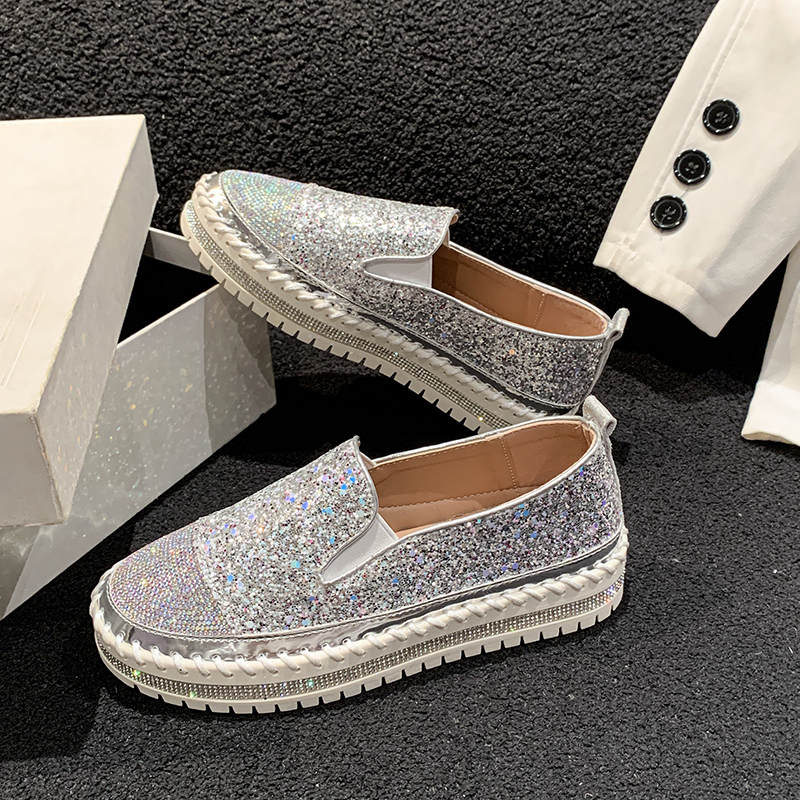 Women's Water Diamond Fashion Casual Shoes Designer Flat Shoes High Quality Thick Bottom Luxury Single Shoes Zapatos de Mujer Luxurious shiny out