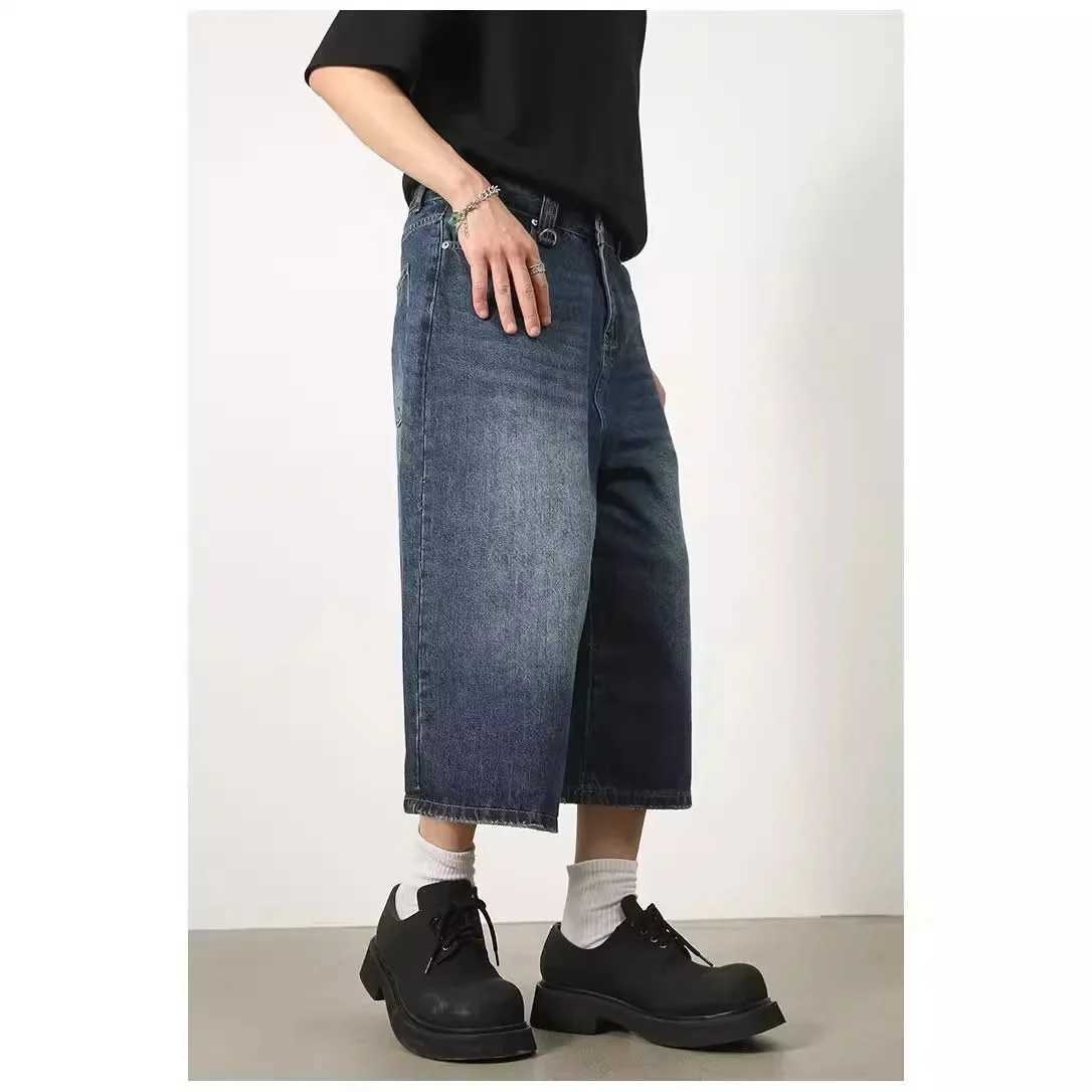 Mens summer solid color trend dark blue denim 7-piece loose fit wide leg straight leg shorts W241228