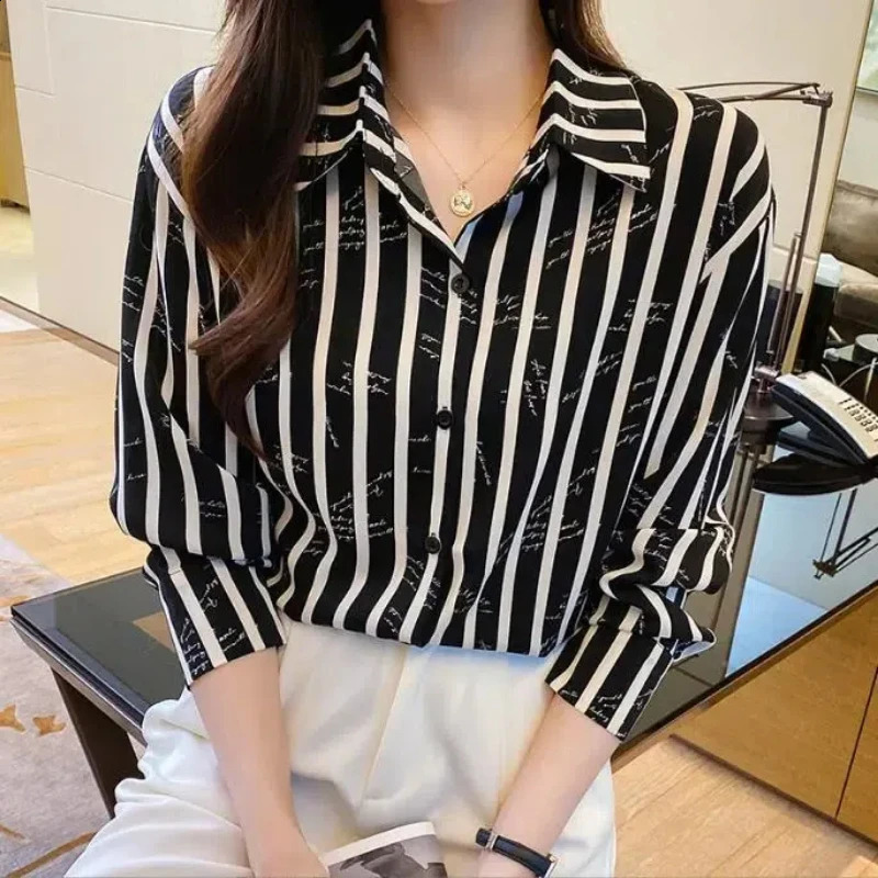 Spring Autumn Fashion Turndown Collar Long Sleeve Womens Clothing Blouses Striped Simplicity Trend Thin Allmatch Shirts 241228
