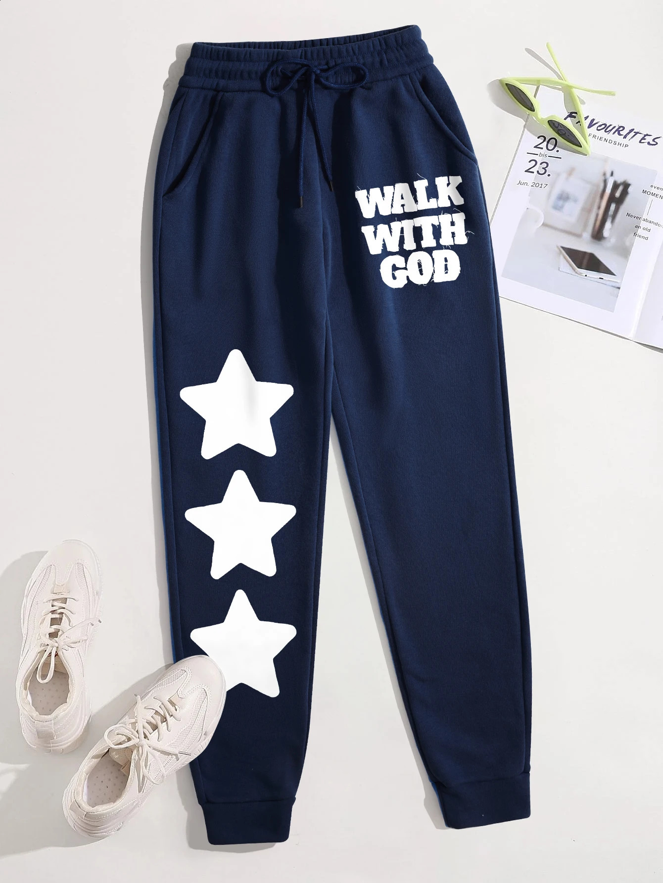 Walk With God Simple Star Printing Woman Drawstring Pant Warm Pocket Sweatpant Sport Fashion Joggers Trendy Street Y2K Pants 241228