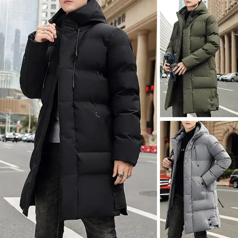 Hooded Winter Down Coat for Men Parkas Thickened Solid Color Padded Cardigan Midi Length Zip Up Mens Daily Wear 241228