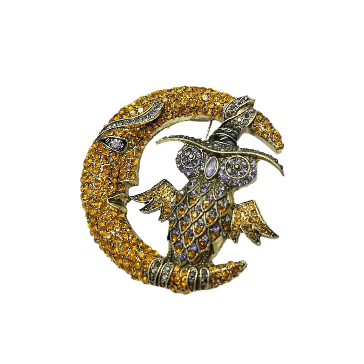 Gift vintage style European and American medieval vintage Owl Moon art alloy French brooch 241227