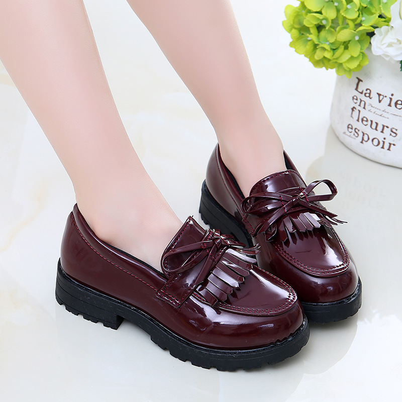 Girls Casual Patent Leather Shoes Kids Flat Shoes Tassels with Bow-knot British Style Soft Slip-on Happysteps Youth Toddler Loafers for Wedding Party 