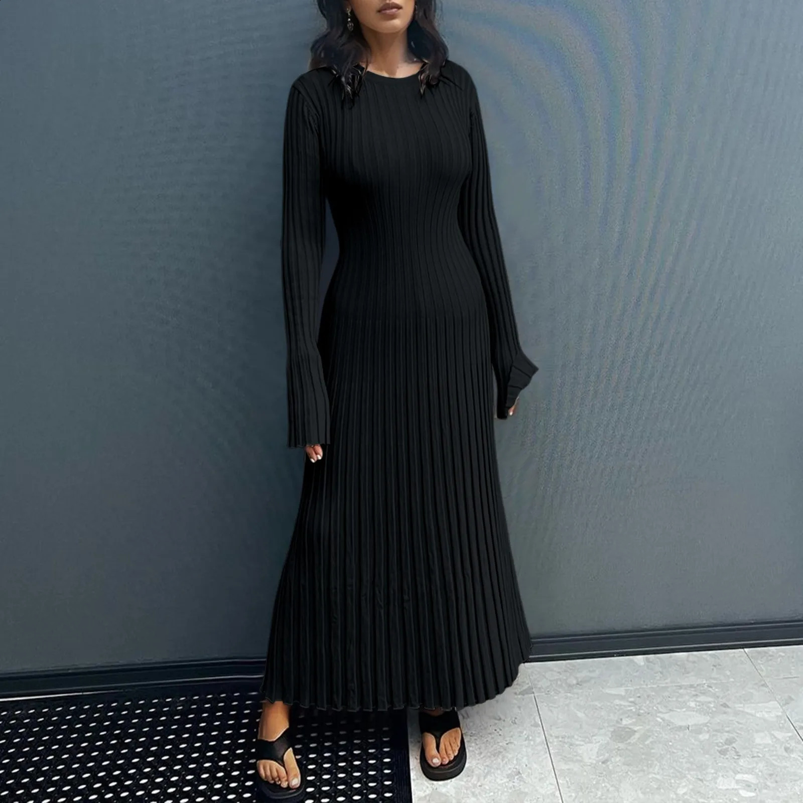 WomenS Ribbed Knitted Midi Dress Long Sleeve Round Neck Long Dress For Fall Party Bodycon Sweater Dress Vestidos Para Mujer 241224