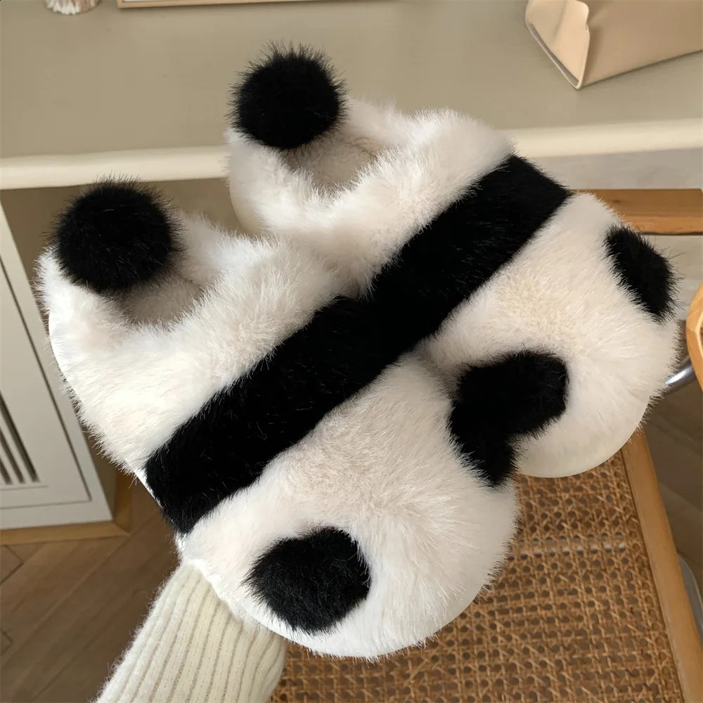 Winter Indoor Panda Slippers Women Flat Furry Home Cartoon Cotton Shoes Female Cute Animal Warm Nonslip Slides 241223
