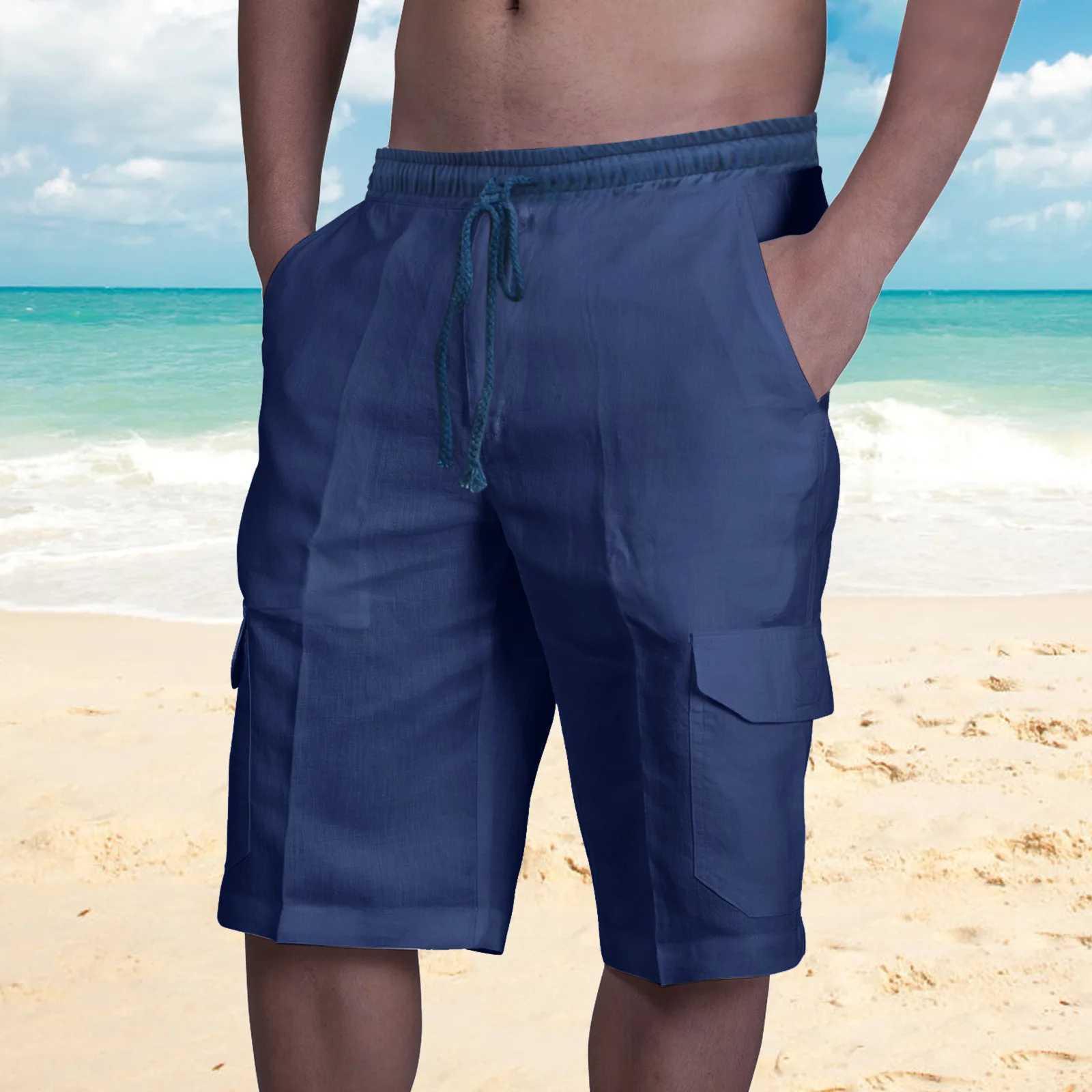 White linen mens summer casual multi pocket sports shorts mens fashionable elastic waist breathable beach shorts W241228