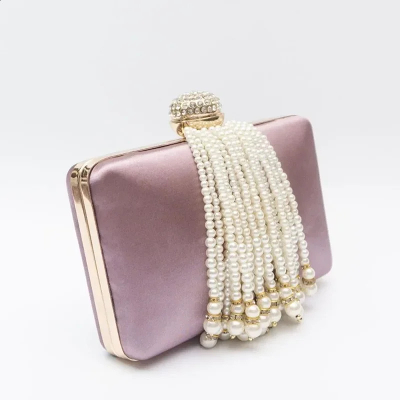 Women Pearl Tassel Satin Evening Bag Wedding Prom Party Sweet Hand Bags Diamond Hasp Clutch Vinho Ladies Elegant Purses 241227