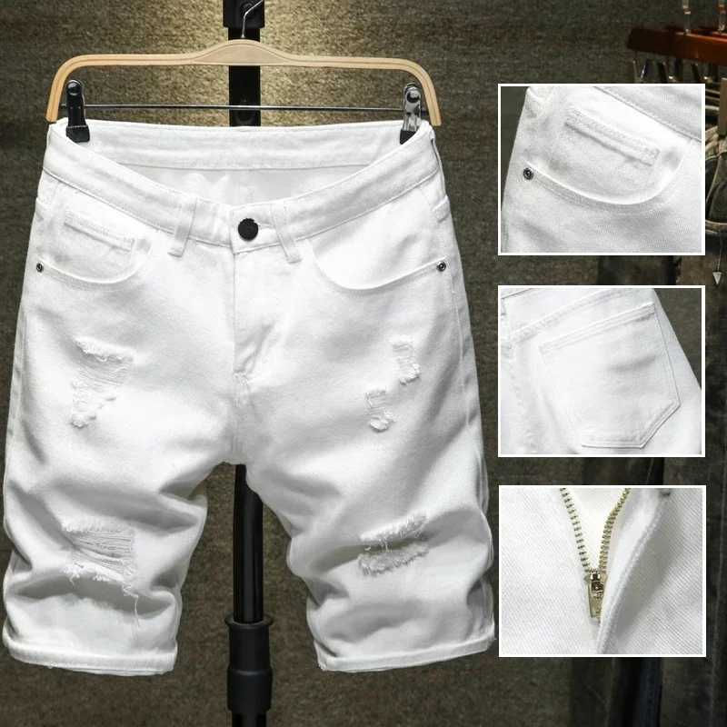 2024 New White Denim Shorts Men Ripped Knee Length Fashion Jeans Casual Hole Slim Male Short Pants Streetwear W241228
