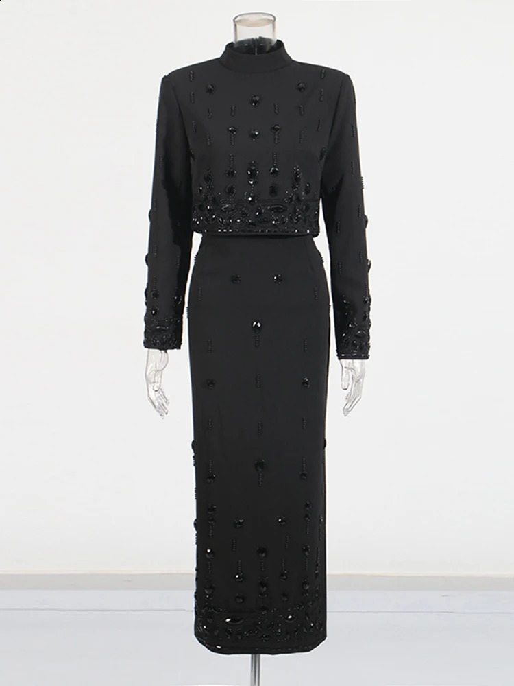 TWOTYLE Solid Spliced Diamonds Two Piece Set For Women Stand Collar Long Sleeve Tops High Waist A Line Skirt Female 241220