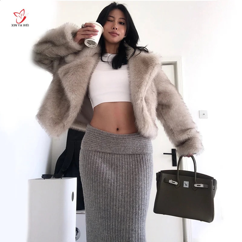 2024 Women Fashion Cropped Faux Fur Jacket Coat Long Sleeve Front Snapbutton Female Outerwear Chic Lapel Coller Thick 241223