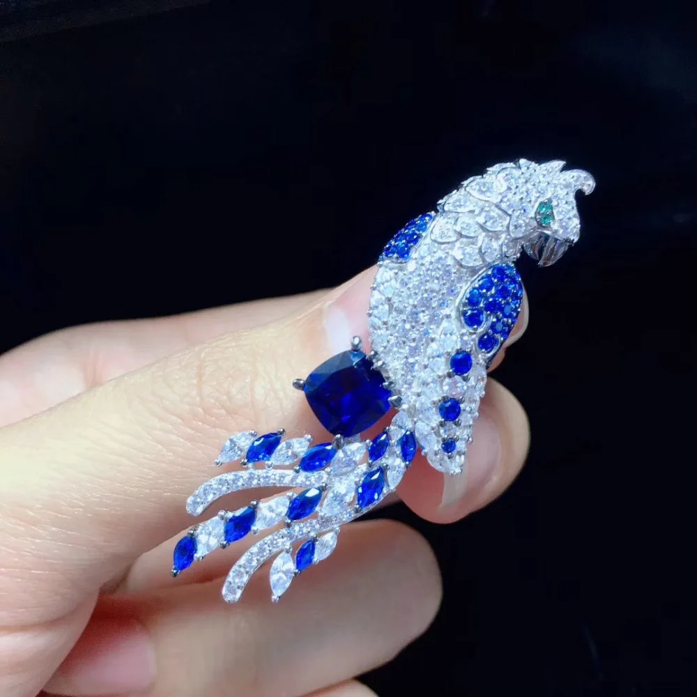 925 sterling silver with cubic zircon parrot brooch pins bird brooch red blue color fine women jewelry high quality 14*52MM 241227