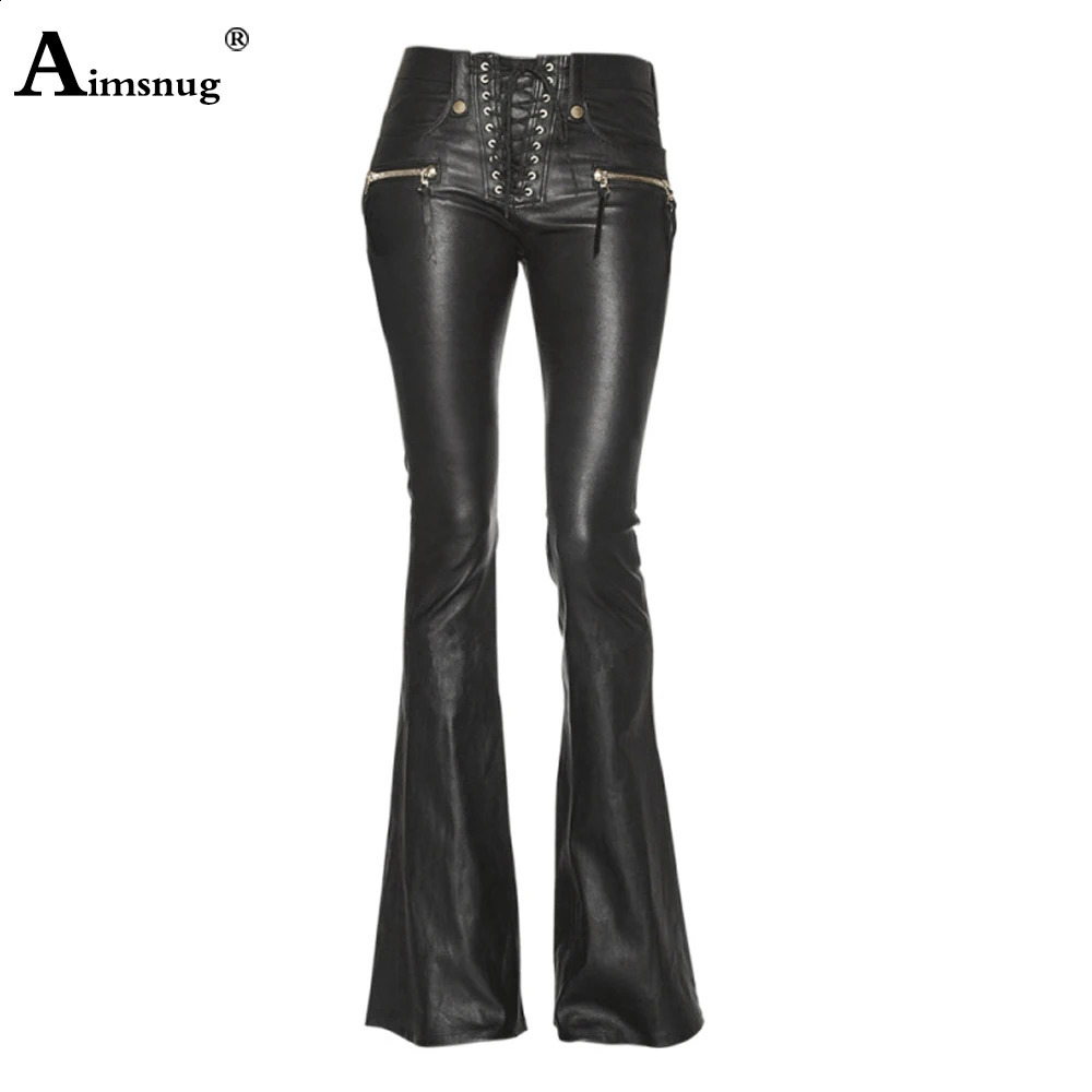 Women Fashion PU Leather Pants High Waist Female Skinny Flare Girls MultiZippers Trouser Sexy Boot Cut Faux Pant 241223