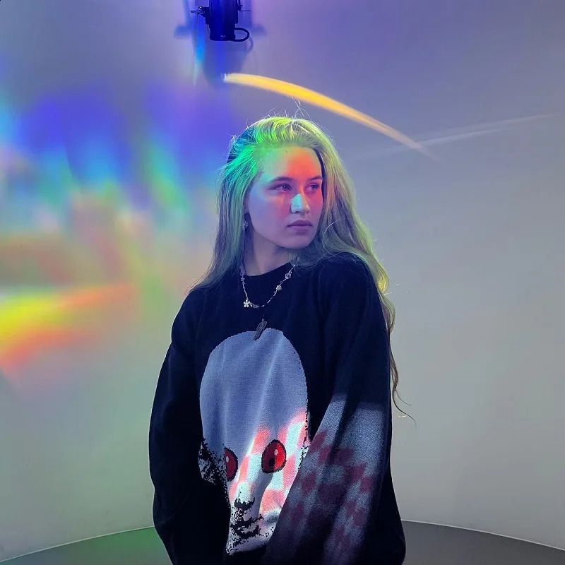 Deeptown Y2k Gothic Knitted Sweater Women Harajuku Printed Oversized Pullover American Fashion Autumn Streetwear Hip Hop 241223