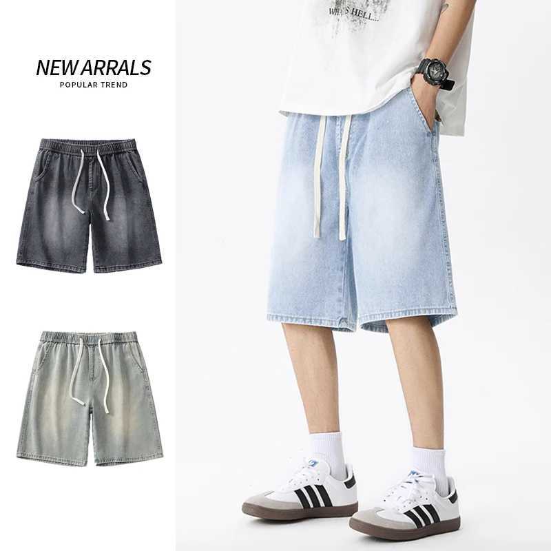 Casual Denim Shorts Men Elastic Waist Straight Comfortable Light Blue Soft Short Pants Baggy Wide Bermuda Male Jeans W250319