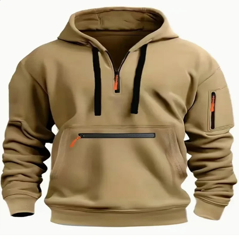 Mens casual sports hoodie spring and autumn fashion printed arm pocket pull rope hoodie plain loose long-sleeved pullover 241220